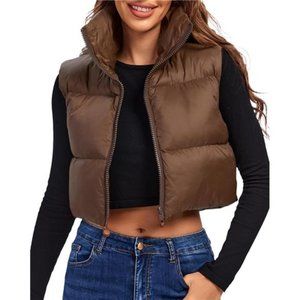 Women's Padded Vest, High Stand Collar Lightweight Zip Crop Puffer Gilet